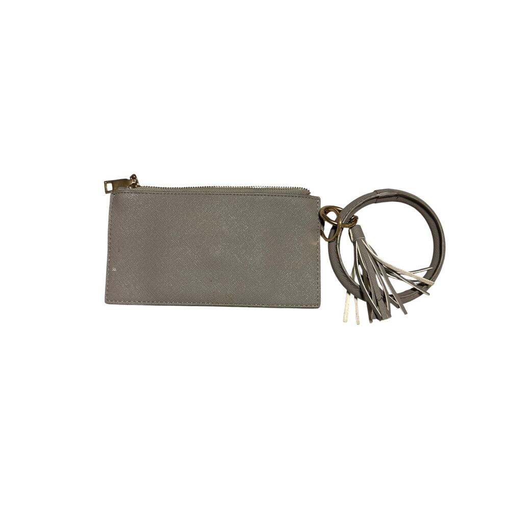 Gray‎ Faux Leather Zip Wristlet Pouch Small Wallet Tassel Ring Strap Minimalist